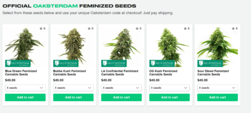 Free cannabis seed options form homegown cannabis co., images of feminized seeds available, from left to right: Blue Dream, Bubba Kush, LA Confidential, OG Kush, Sour Diesel