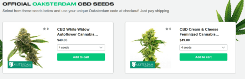 Free cannabis seeds from Homegrown Cannabis Co. and Oaksterdam. This image displays the CBD varieties available. From left to right: CBD White Widow Autoflower and CBD Cream & Cheese Feminized