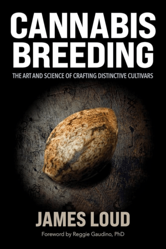 The image depics the cover of James Loud's book: Cannabis Breeding: The Art and Science of Crafting Distinctive Cultivars. It is mostly black with a single seed in the center that has been spotlighted.