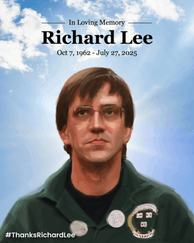 A tylized image of Richard Lee with the heading "In Loving Memory, October 3, 1962-July 27, 2025"