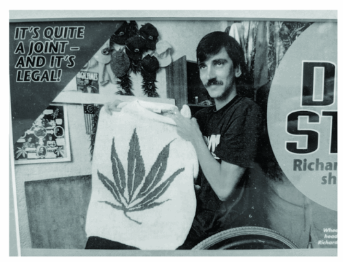 A young Richard Lee holding a hemp towel next to the words "It's quite a joint- and it's legal!"