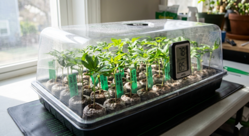an AI depiction of cloned plants under a propagation hood helps you learn how to clone cannabis plants
