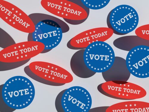 Red and blue stickers that say "vote" and "vote today" on a white background. Oaksterdam is giving away free access to its Economics of Cannabis course to educate your elected representatives and candidates running against them